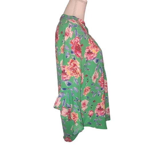 Pioneer WOMAN Sz M Women's Green Floral 3/4 Sleeve Ruffles High Low Hem Blouse - Picture 5 of 6